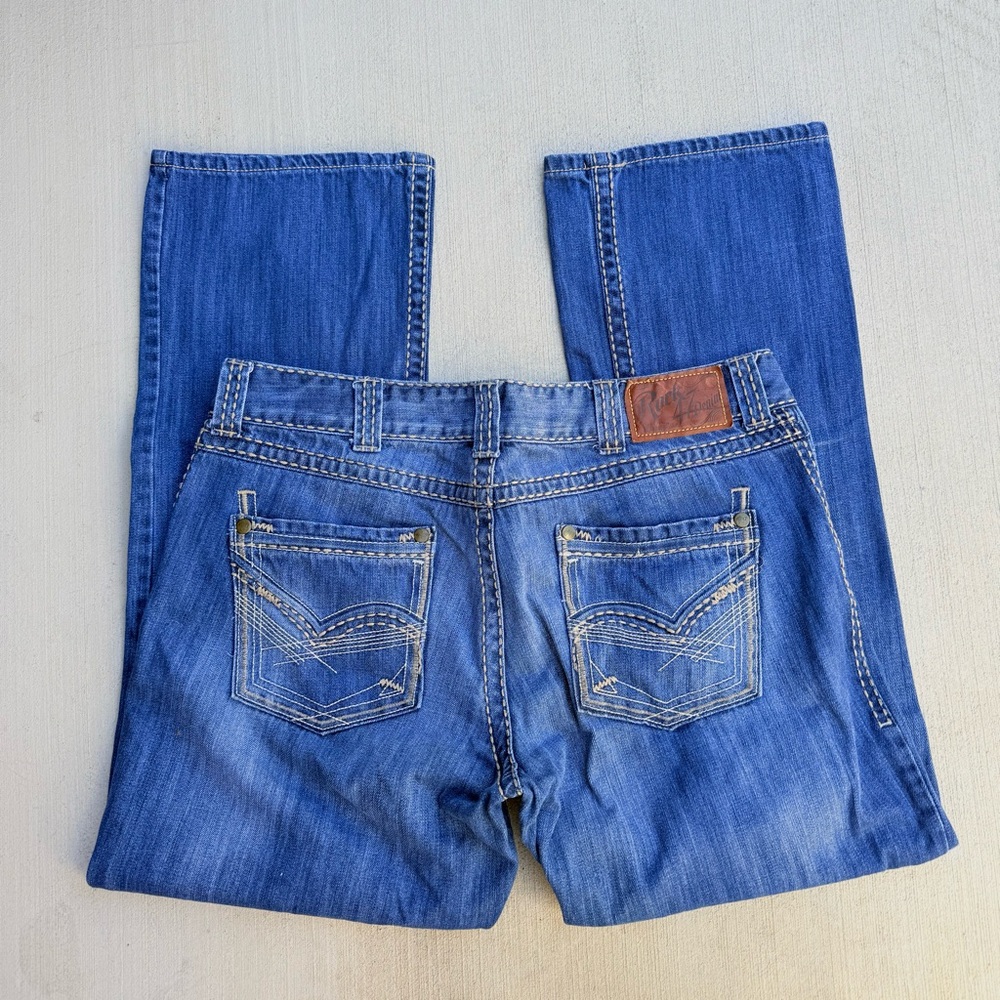 Rock 47 by Wrangler Men’s Bootcut Jeans 38x32 Thick Stitch Heavy Denim Med Wash